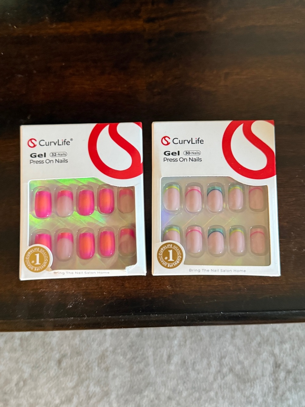 CurvLife Gel Press-On Nails — Pink Ombre & Pastel Rainbow Tips
